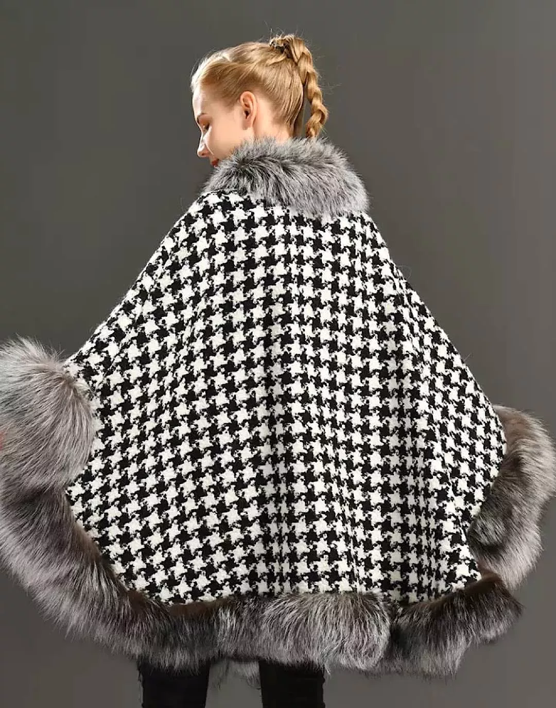 Wool Fox Fur Trimmed Houndstooth Poncho