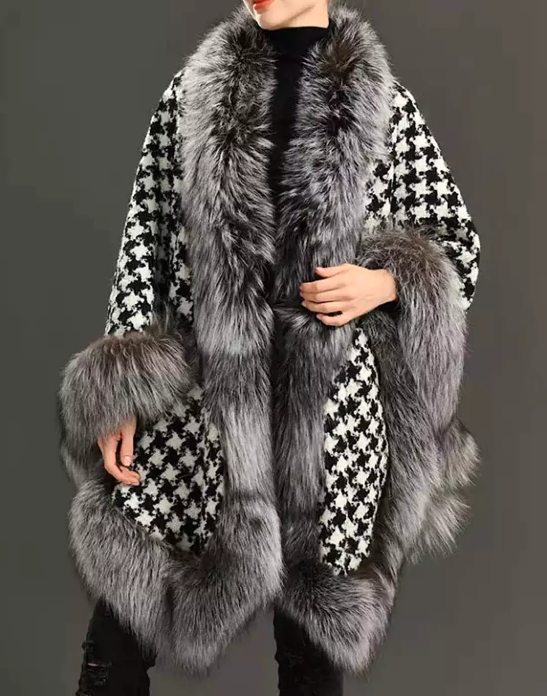 Wool Fox Fur Trimmed Houndstooth Poncho